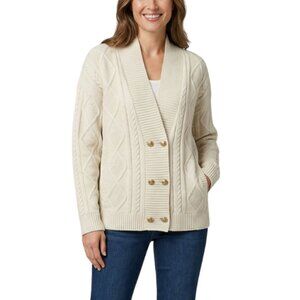 J. Jill Ivory Cable Knit Cardigan – Double Breasted w/ Gold Crest Buttons | Med